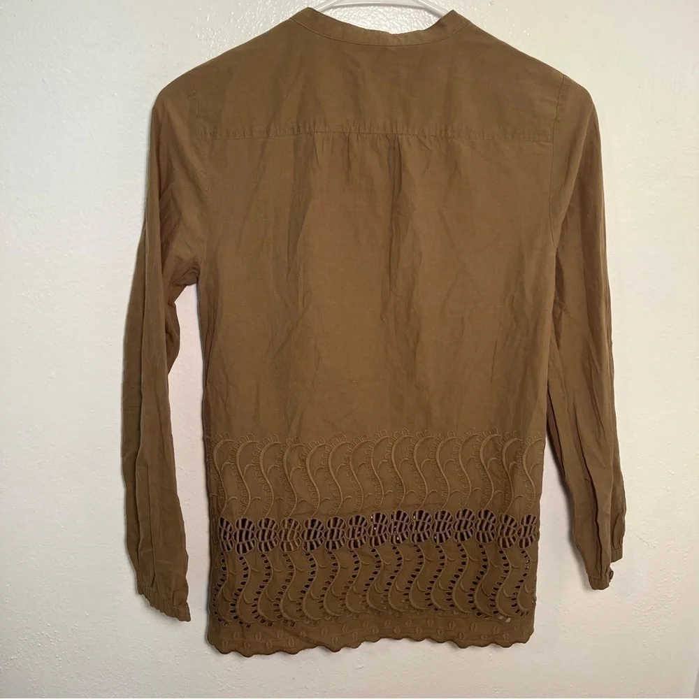 J. Crew Women's Sz 0 Delaney Eyelet-Trim Shirt Spiced Olive Green Tan Collarless